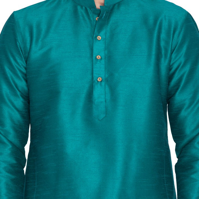 Men's Cotton Art Silk Solid Kurta And Pajama Set In Green