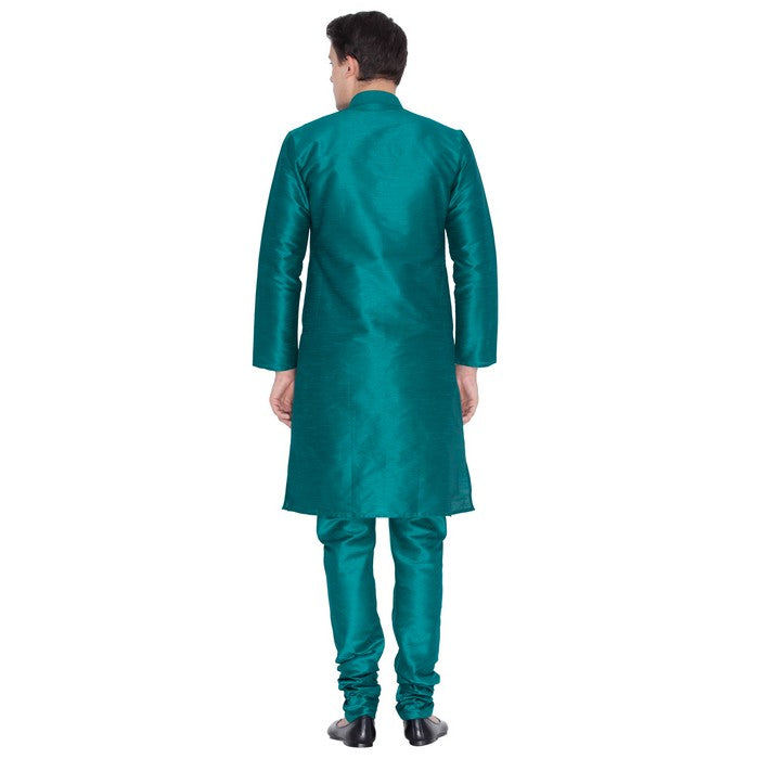 Men's Cotton Art Silk Solid Kurta And Pajama Set In Green