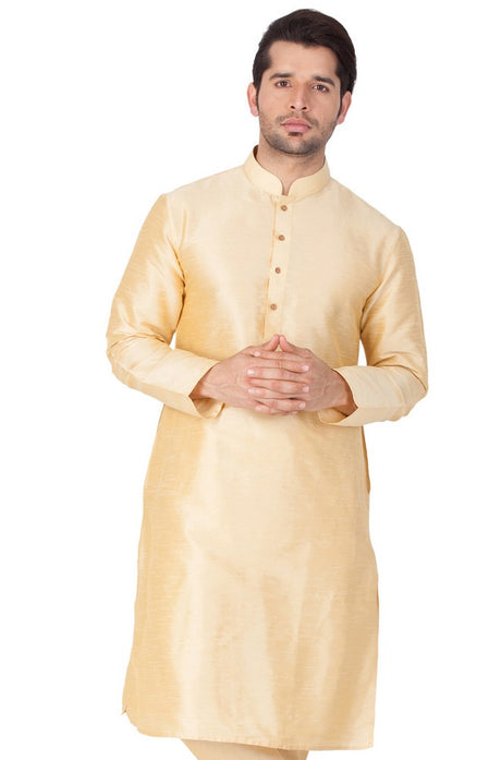 Men's Cotton Art Silk Solid Kurta In Gold