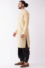 Buy Men's Blended Silk Solid Kurta Set in Gold - Front