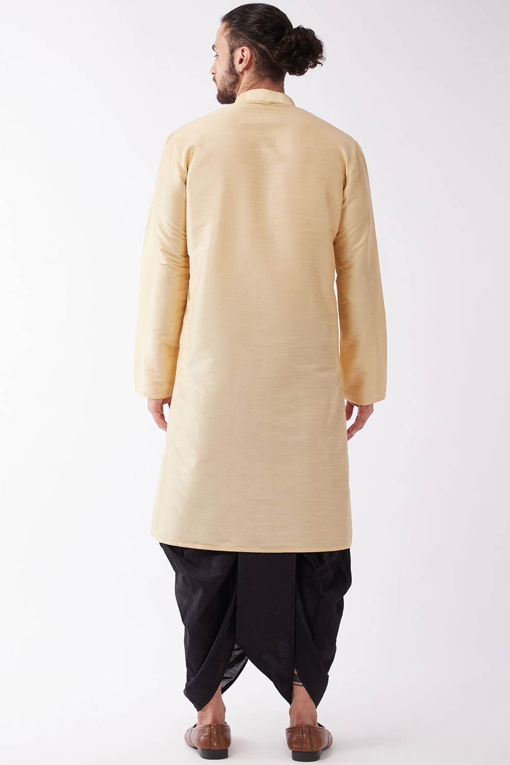 Buy Men's Blended Silk Solid Kurta Set in Gold - Back