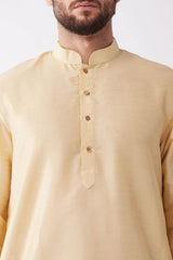 Buy Men's Blended Silk Solid Kurta Set in Gold - Side