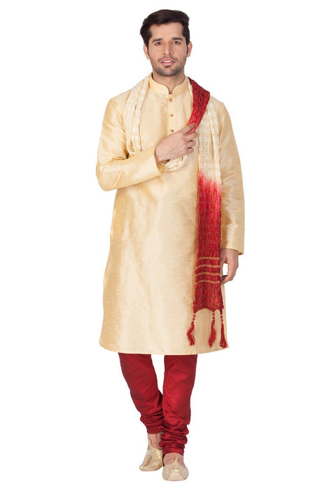 Men's Cotton Art Silk Solid Kurta Pyjama and Dupatta Set in Gold