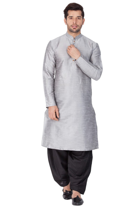 Men's Cotton Art Silk Solid Kurta and Cowl Dhoti Pant Set in Grey