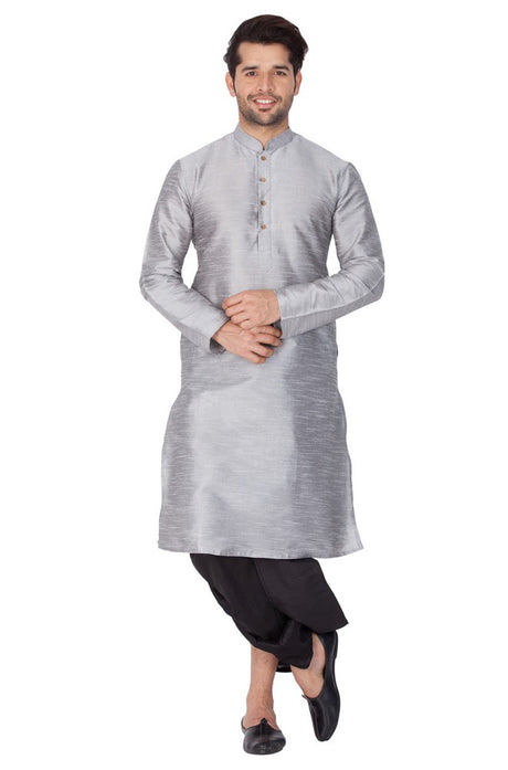 Men's Cotton Art Silk Solid Kurta and Dhoti Pant Set in Grey