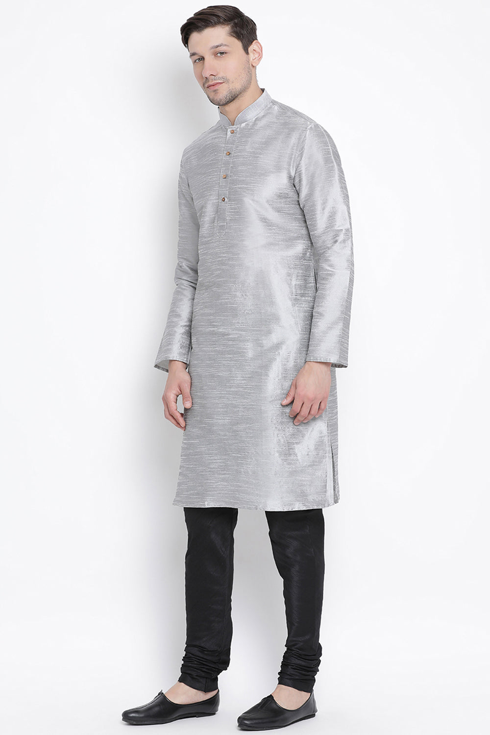 Men's Cotton Art Silk Kurta Set In Grey