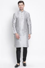 Men's Cotton Art Silk Kurta Set In Grey