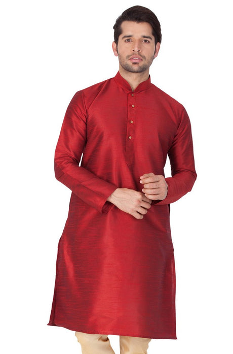 Men's Cotton Art Silk Solid Kurta In Maroon