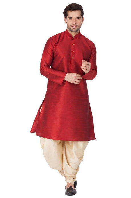 Men's Cotton Art Silk Solid Kurta and Cowl Dhoti Pant Set in Maroon