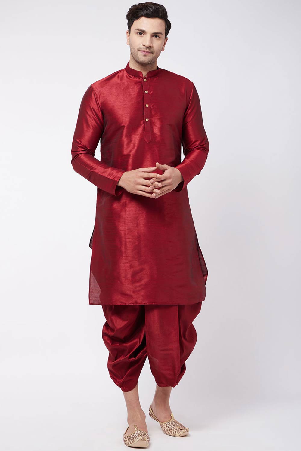 Buy Men's Blended Silk Solid Kurta Set in Maroon