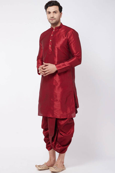 Buy Men's Blended Silk Solid Kurta Set in Maroon - Front