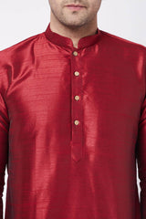 Buy Men's Blended Silk Solid Kurta Set in Maroon - Side