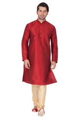 Men's Cotton Art Silk Solid Kurta And Pajama Set In Maroon