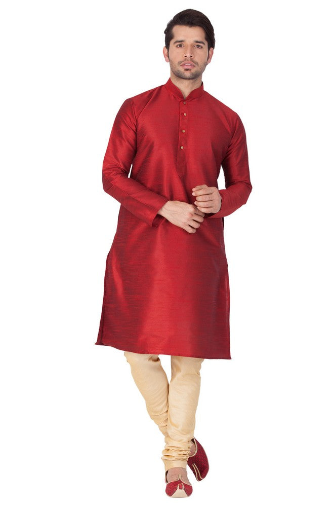 Men's Cotton Art Silk Solid Kurta And Pajama Set In Maroon