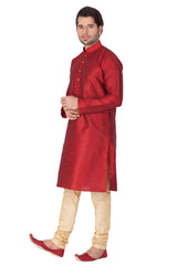 Men's Cotton Art Silk Solid Kurta And Pajama Set In Maroon