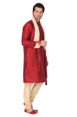 Men's Cotton Art Silk Solid Kurta Pyjama and Dupatta Set in Maroon