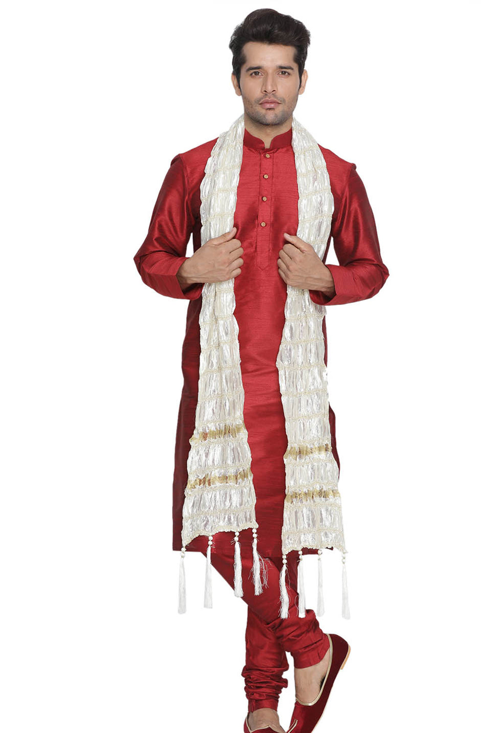 Men's Cotton Art Silk Kurta Set in Maroon