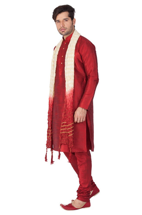 Men's Cotton Art Silk Solid Kurta Pyjama and Dupatta Set in Maroon