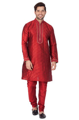 Men's Cotton Art Silk Embroidered Kurta And Pajama Set In Maroon