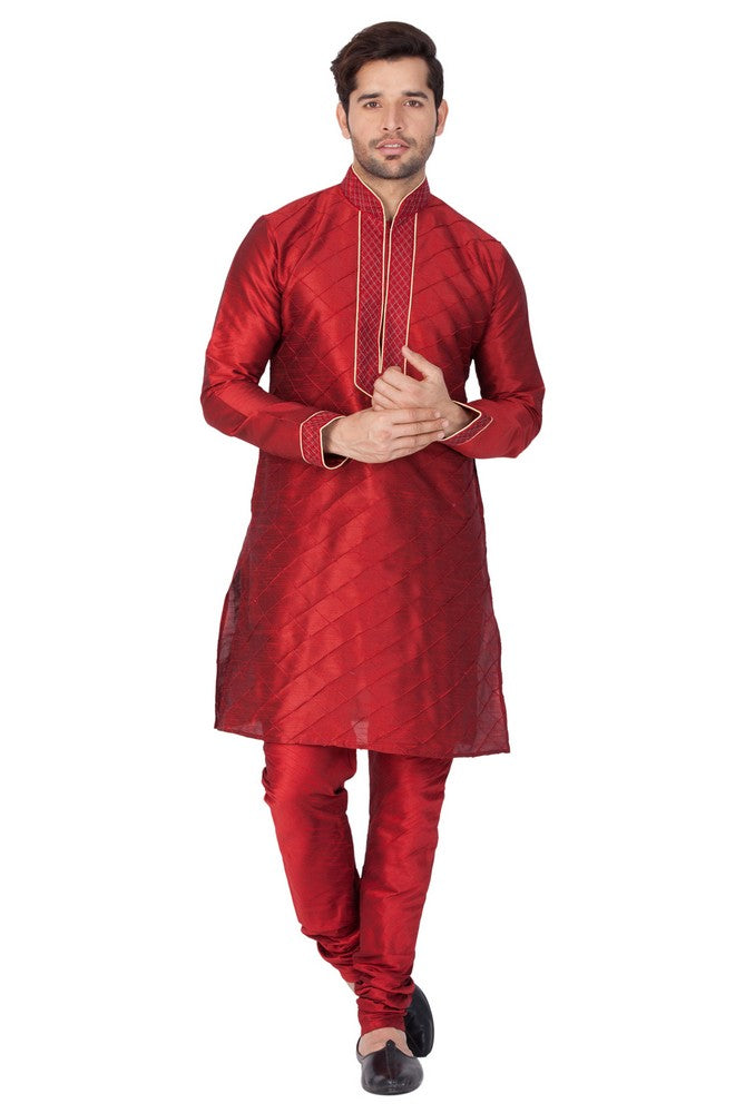 Men's Cotton Art Silk Embroidered Kurta And Pajama Set In Maroon