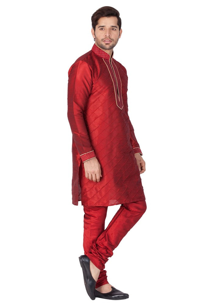 Men's Cotton Art Silk Embroidered Kurta And Pajama Set In Maroon