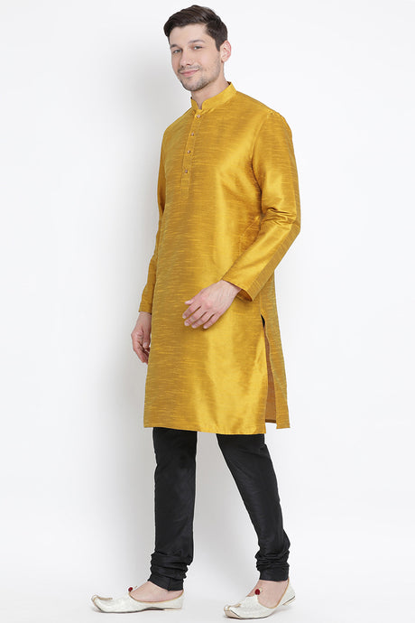 Men's Cotton Art Silk Kurta Set in Yellow