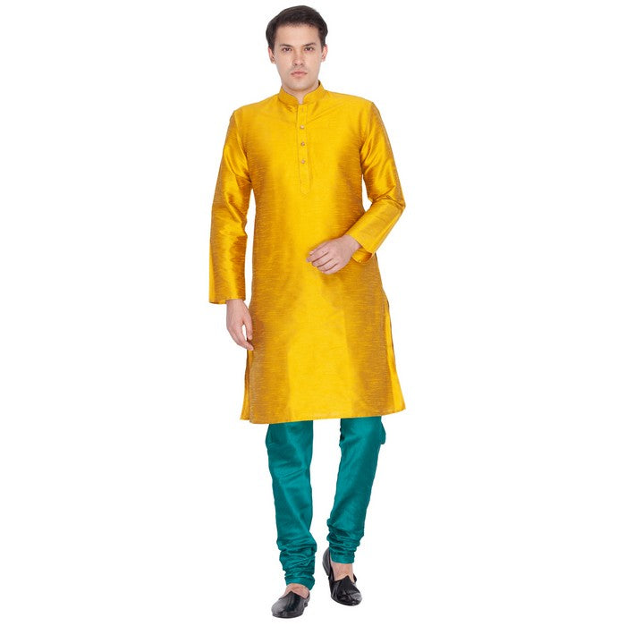 Men's Cotton Art Silk Solid Kurta And Pajama Set In Gold