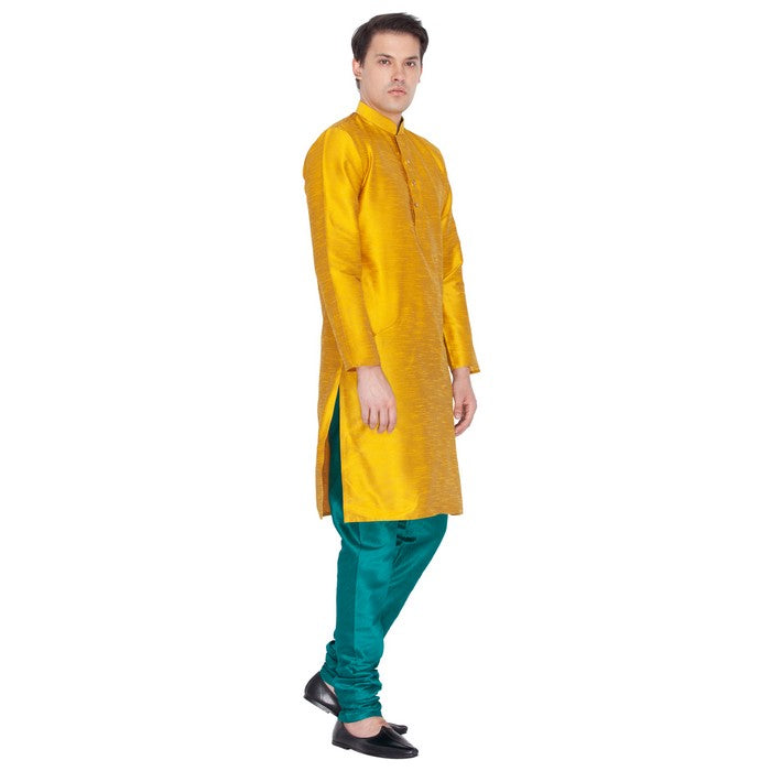 Men's Cotton Art Silk Solid Kurta And Pajama Set In Gold