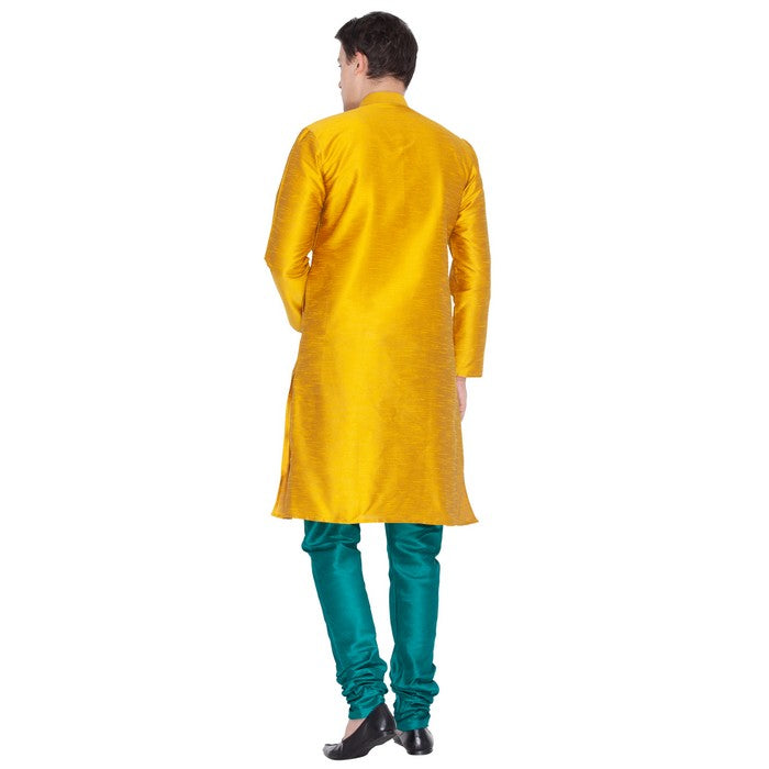 Men's Cotton Art Silk Solid Kurta And Pajama Set In Gold