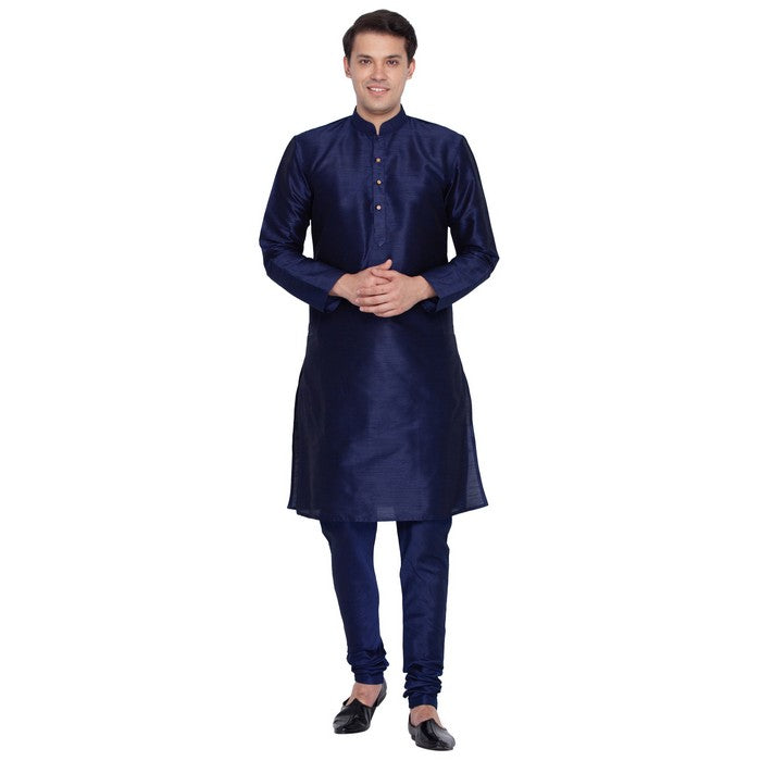 Men's Cotton Art Silk Solid Kurta And Pajama Set In Navy Blue