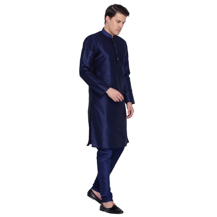 Men's Cotton Art Silk Solid Kurta And Pajama Set In Navy Blue