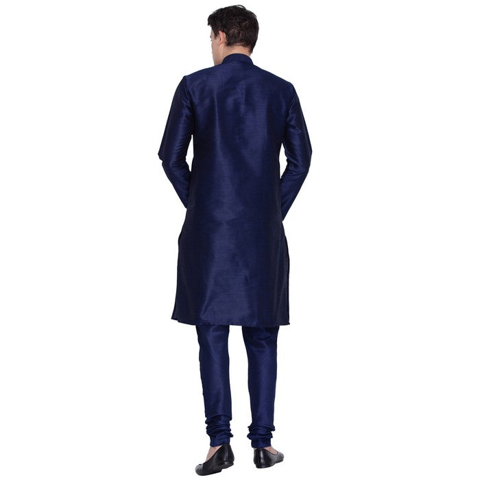 Men's Cotton Art Silk Solid Kurta And Pajama Set In Navy Blue