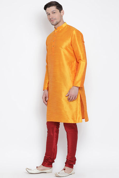 Men's Cotton Art Silk Kurta Set in Orange