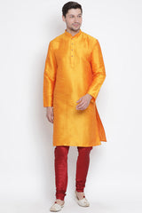 Men's Cotton Art Silk Kurta Set In Orange