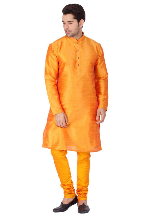 Men's Cotton Art Silk Solid Kurta and Churidar Pyjama Set in Orange