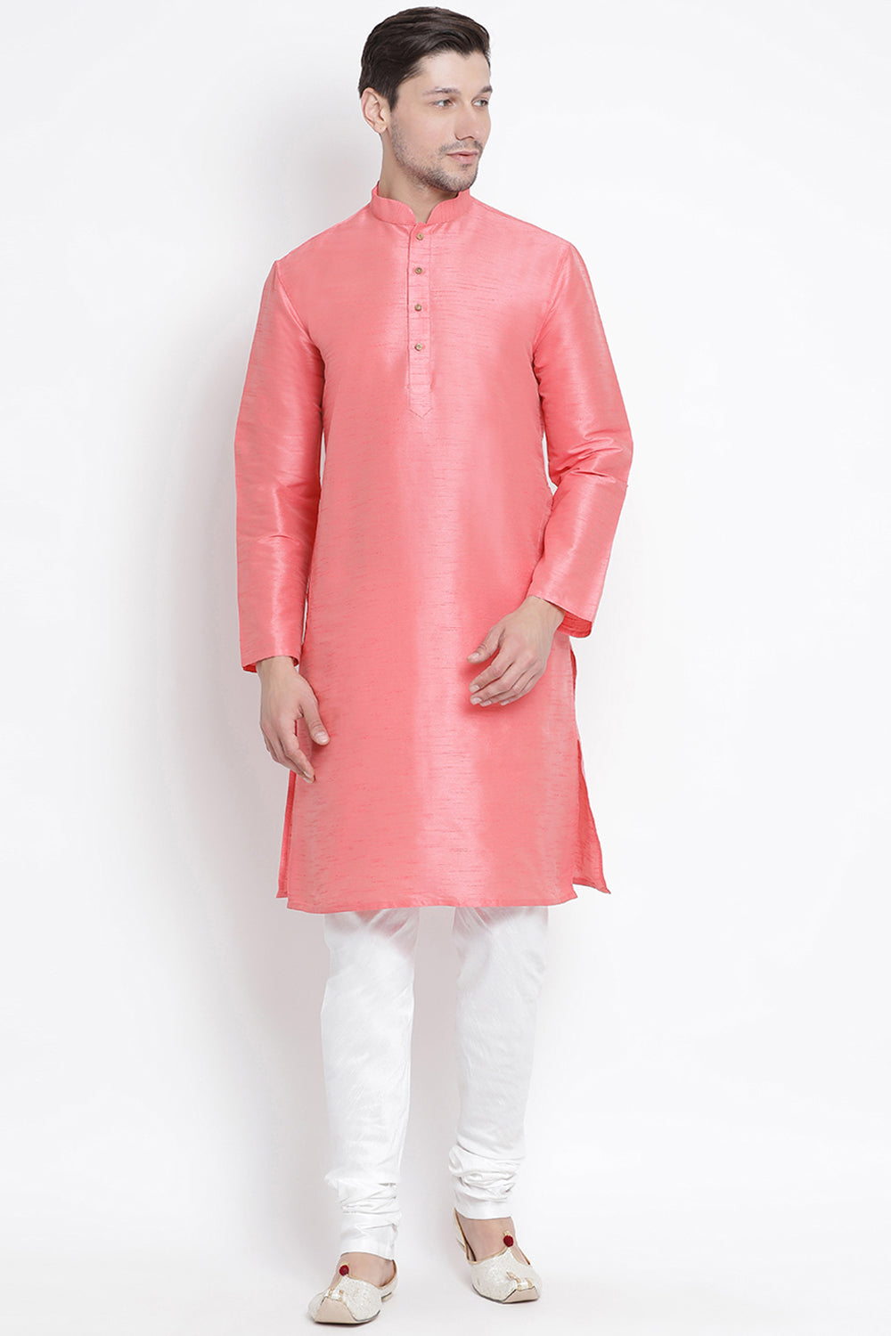 Men's Cotton Art Silk Kurta Set In Pink