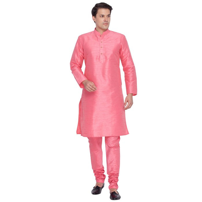 Men's Cotton Art Silk Solid Kurta And Pajama Set In Pink