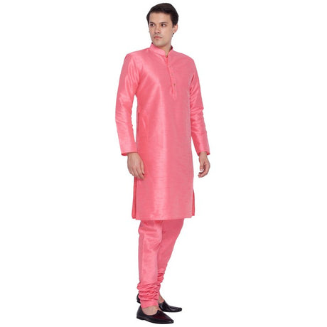 Men's Cotton Art Silk Solid Kurta and Pyjama Set in Pink