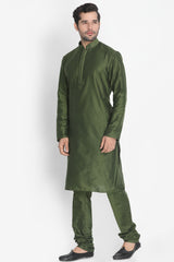 Men's Cotton Art Silk Kurta Set In Green