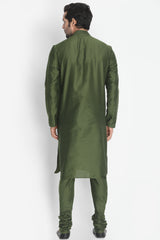 Men's Cotton Art Silk Kurta Set In Green