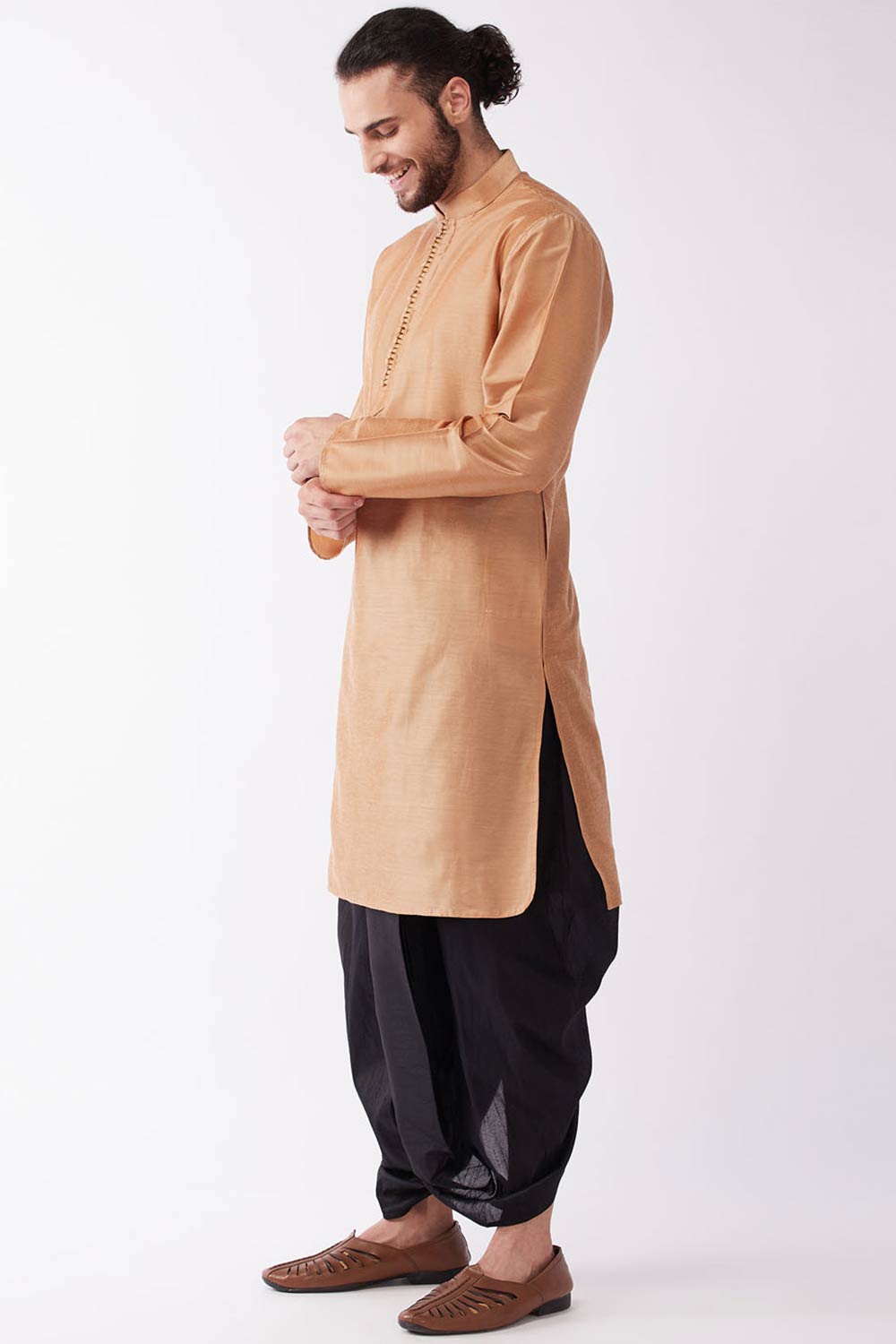 Buy Men's Polyester Solid Kurta Set in Golden - Front