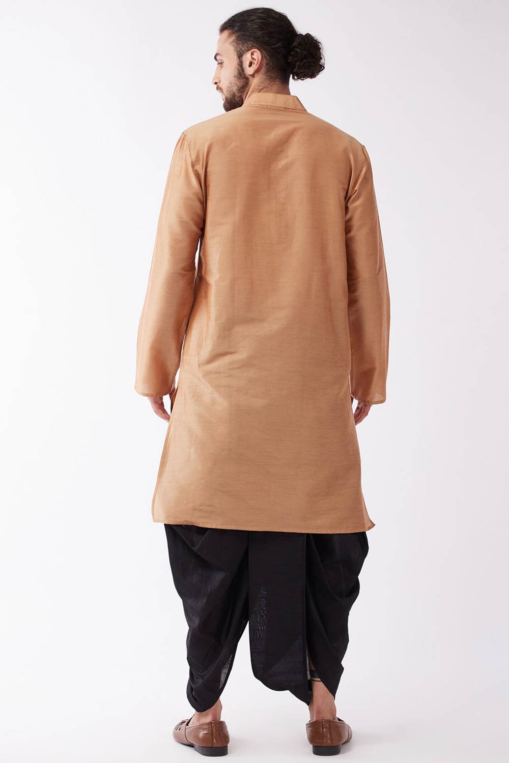 Buy Men's Polyester Solid Kurta Set in Golden - Back