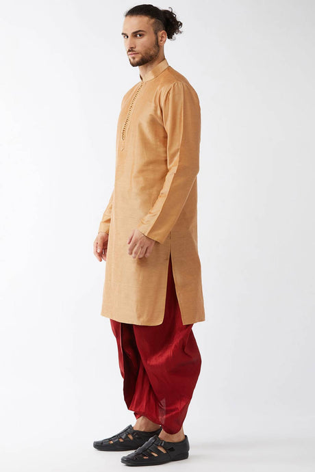 Buy Men's Polyester Solid Kurta Set in Rose Gold - Front