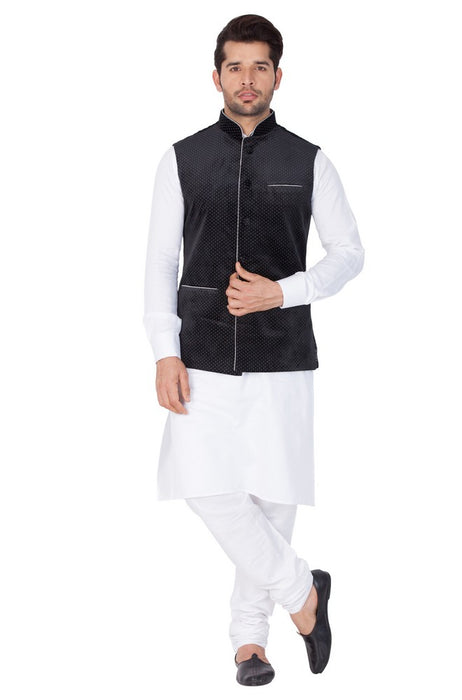 White Kurta Set With Luckhnavi Silk Bottle Green Nehru Jacket