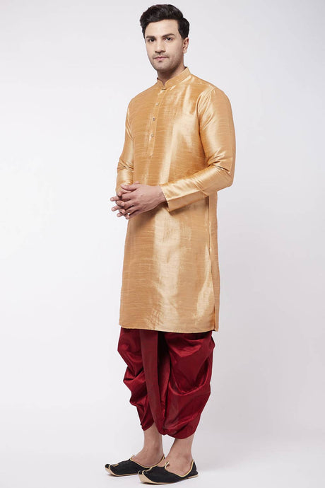 Buy Men's Blended Silk Solid Kurta Set in Rose Gold - Front
