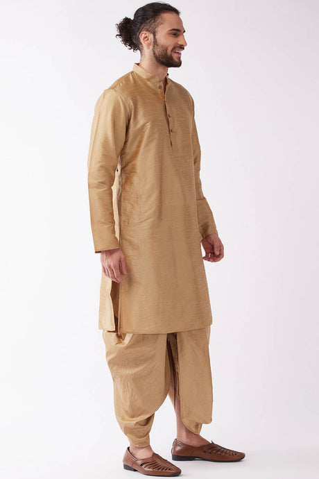 Buy Men's Blended Silk Solid Kurta Set in Rose Gold - Front