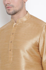 Men's Cotton Art Silk Kurta Set In Gold