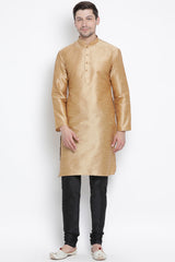 Men's Cotton Art Silk Kurta Set In Gold