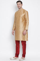 Men's Cotton Art Silk Kurta Set In Gold