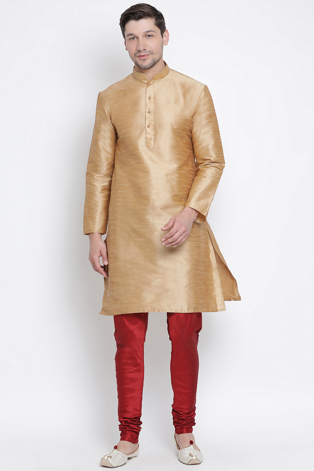 Men's Cotton Art Silk Kurta Set In Gold